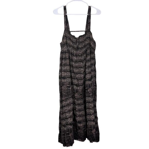Free People Brown Black Printed Sleeveless Midi Dress Boho Open Back L - Picture 2 of 9
